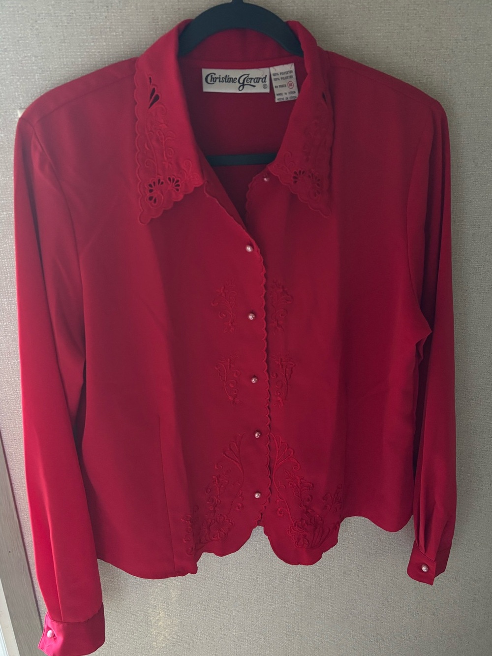Vintage Red Embroidered Button-Front Women's Blouse
